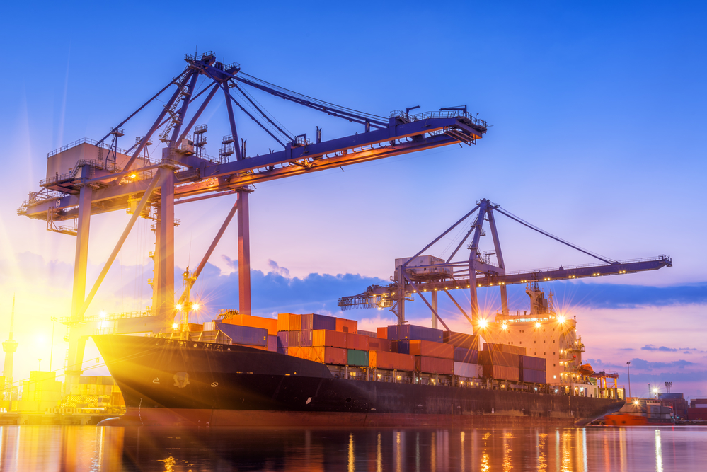 Twilight Scene Beside Of The Cargo Ship Terminal.