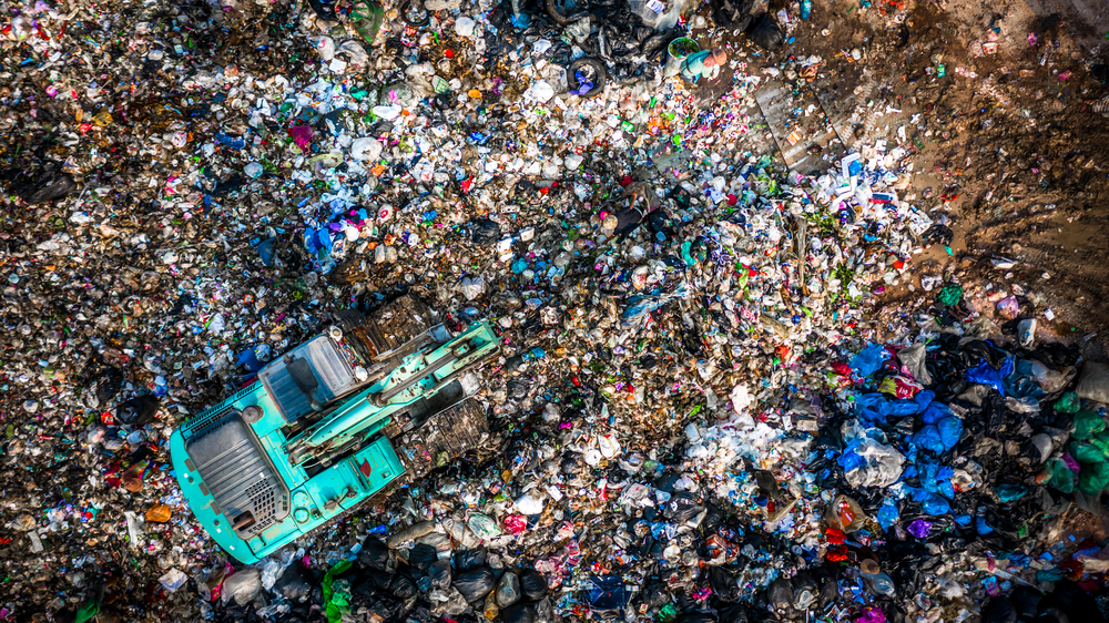 Garbage Pile In Trash Dump Or Landfill, Aerial View Garbage Tru