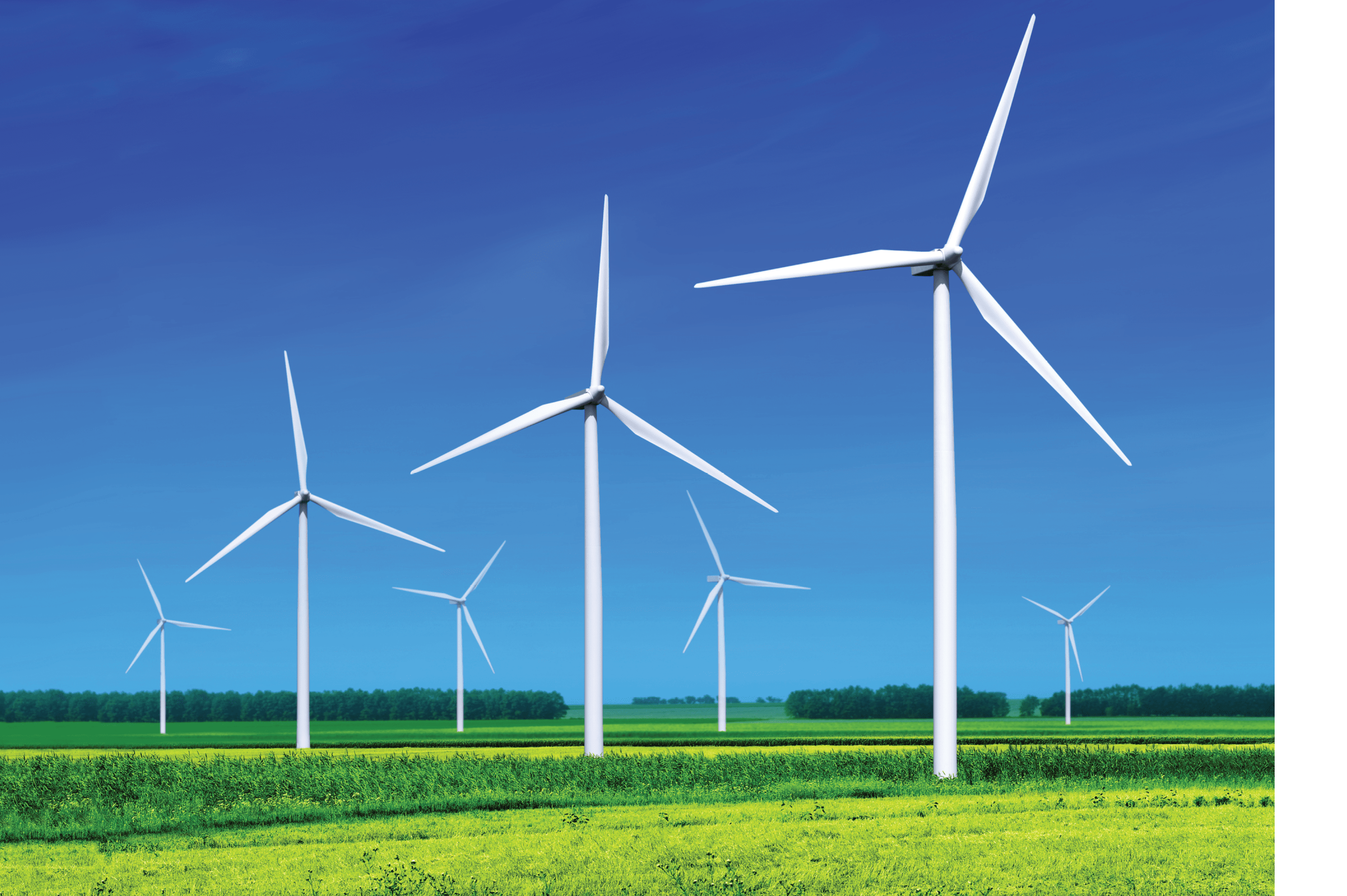 green meadow with Wind turbines generating electricity